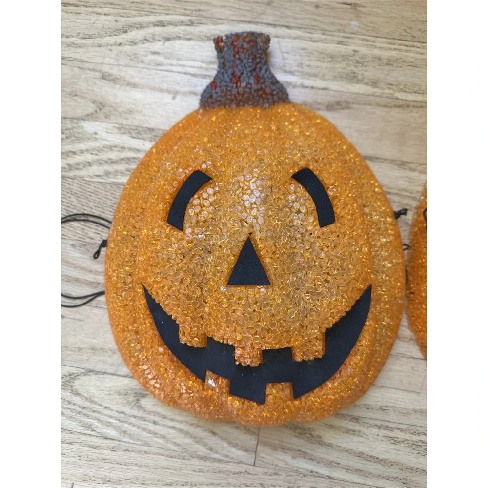 Vintage Set 2 Melted Plastic Popcorn Jack-O-Lantern Halloween Porch Light Covers